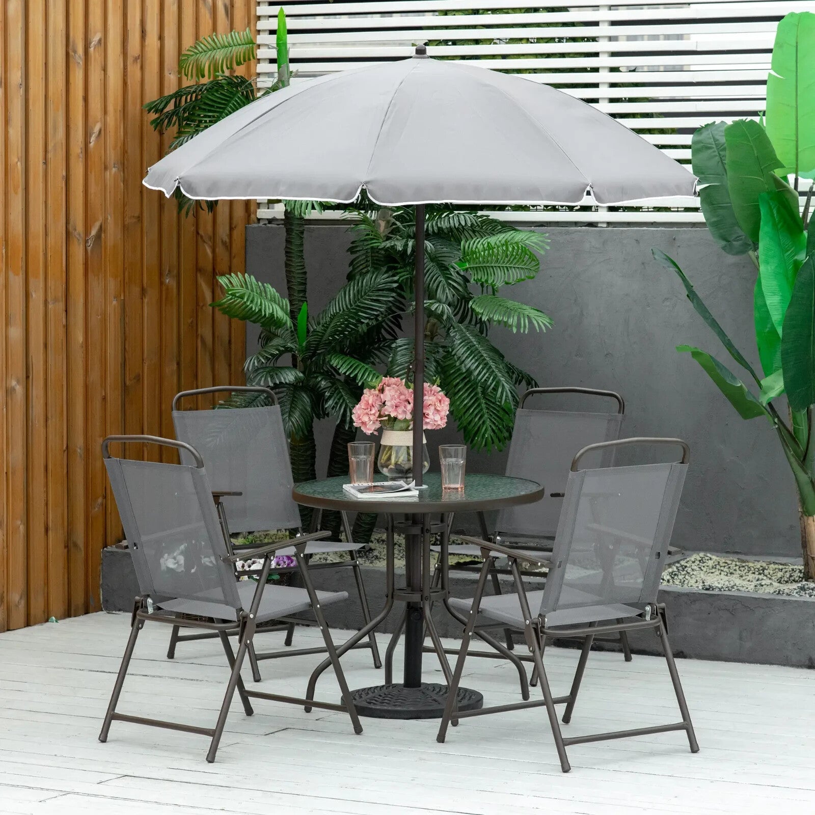 6PC Garden Bistro Dining Set Outdoor Furniture Folding Chairs Table Parasol Set - Home and Garden Furniture Shop - rustic - furniture