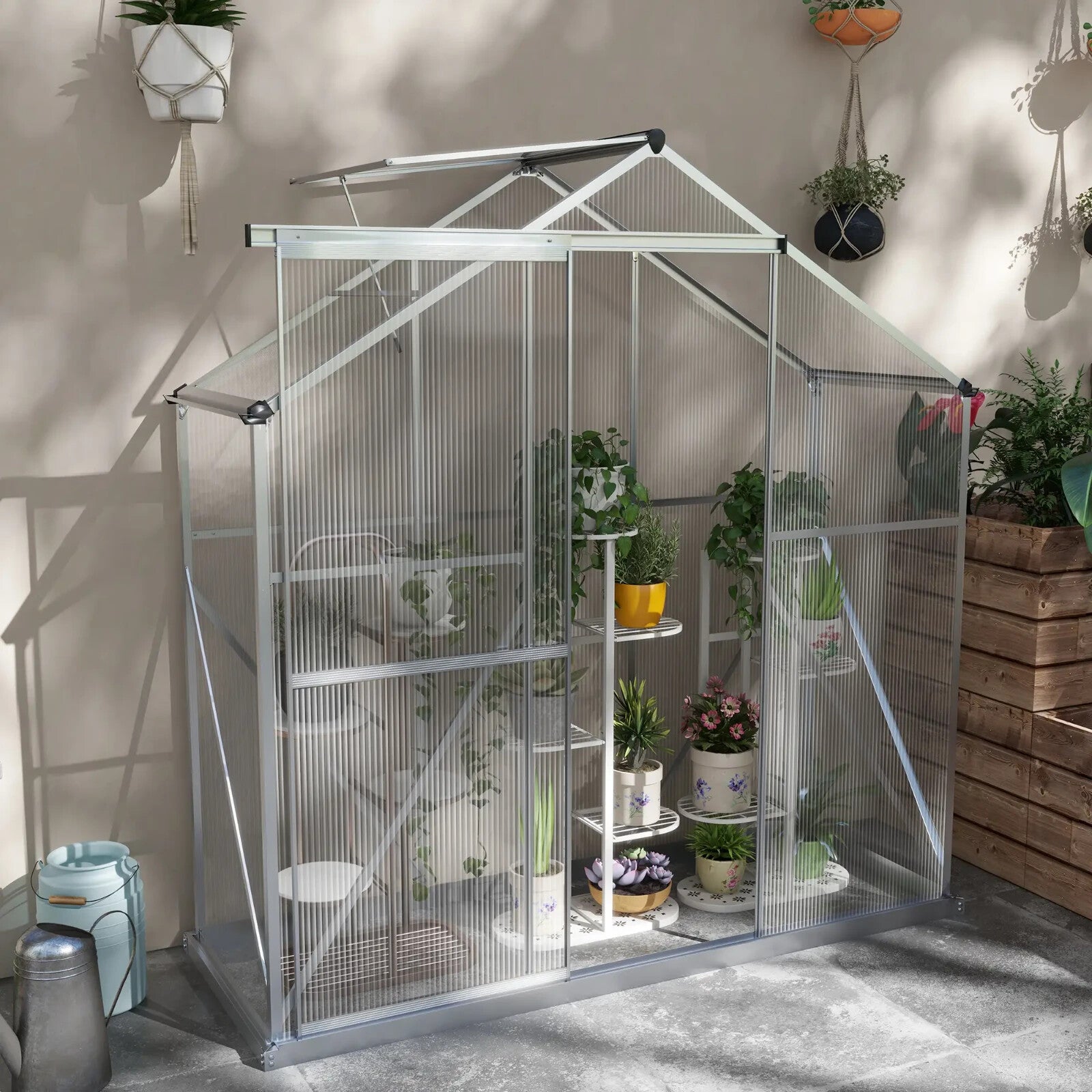 6x2.5ft Walk In Polycarbonate Greenhouse w/ Sliding Door Rain Gutter,Base Frame - Home and Garden Furniture Shop - rustic - furniture