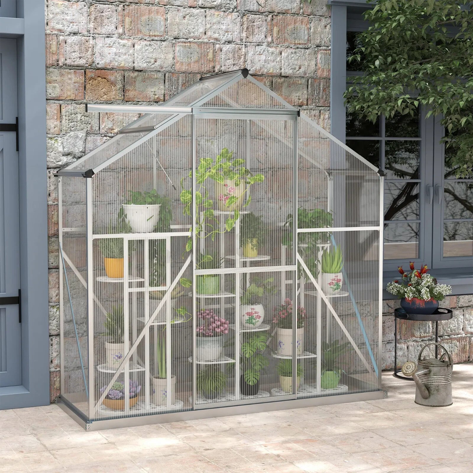 6x2.5ft Walk In Polycarbonate Greenhouse w/ Sliding Door Rain Gutter,Base Frame - Home and Garden Furniture Shop - rustic - furniture