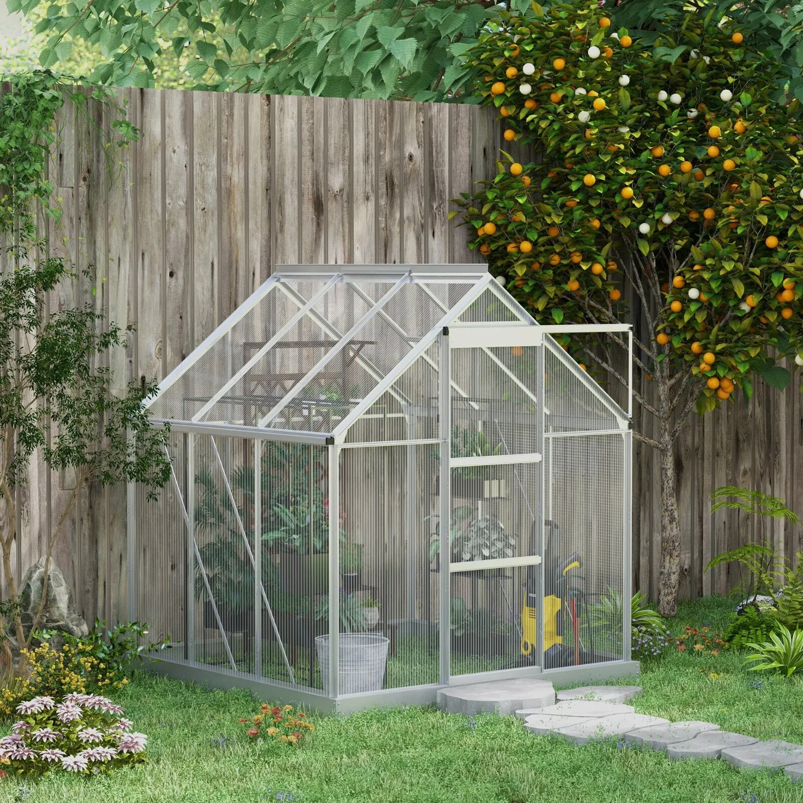 6x6ft Walk In Polycarbonate Greenhouse with Sliding Door Aluminium Garden Shed - Home and Garden Furniture Shop - rustic - furniture