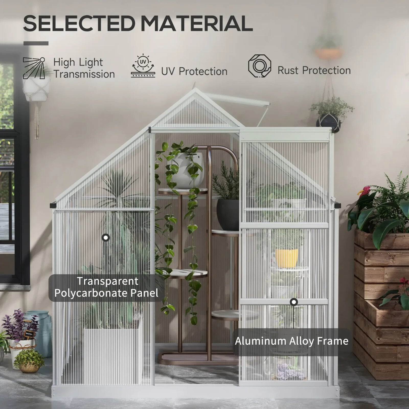 6x6ft Walk In Polycarbonate Greenhouse with Sliding Door Aluminium Garden Shed - Home and Garden Furniture Shop - rustic - furniture