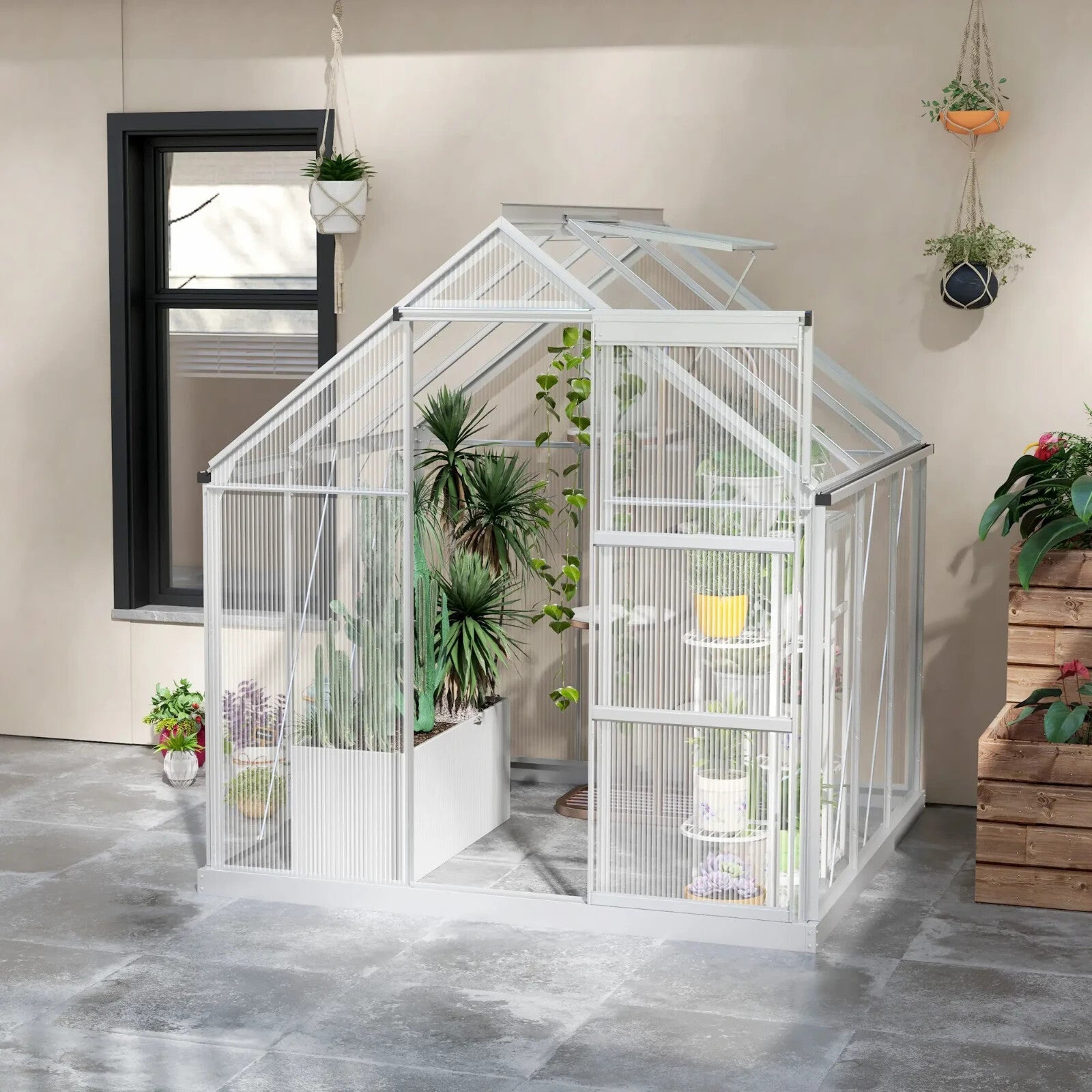 6x6ft Walk In Polycarbonate Greenhouse with Sliding Door Aluminium Garden Shed - Home and Garden Furniture Shop - rustic - furniture