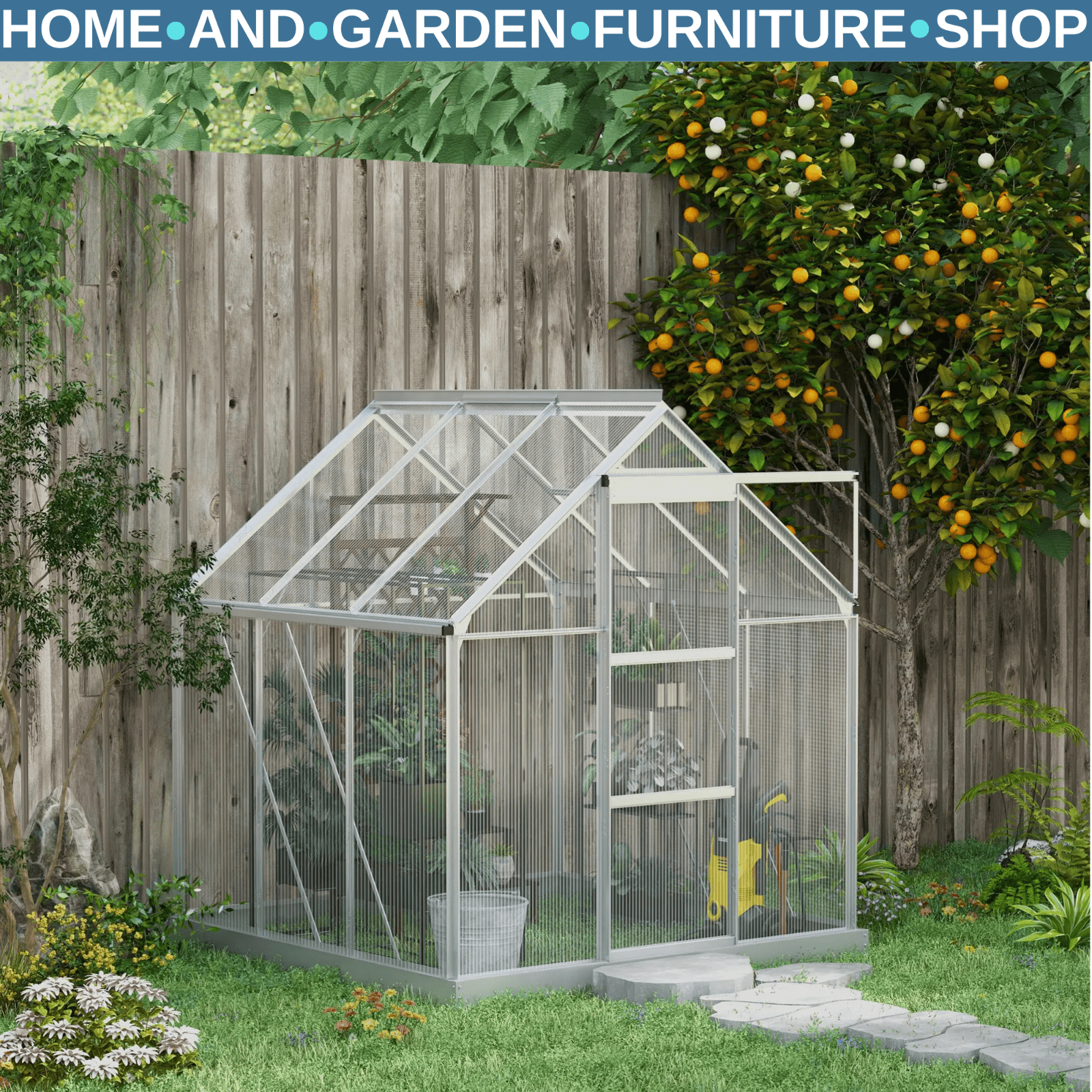 6x6ft Walk In Polycarbonate Greenhouse with Sliding Door Aluminium Garden Shed - Home and Garden Furniture Shop - rustic - furniture