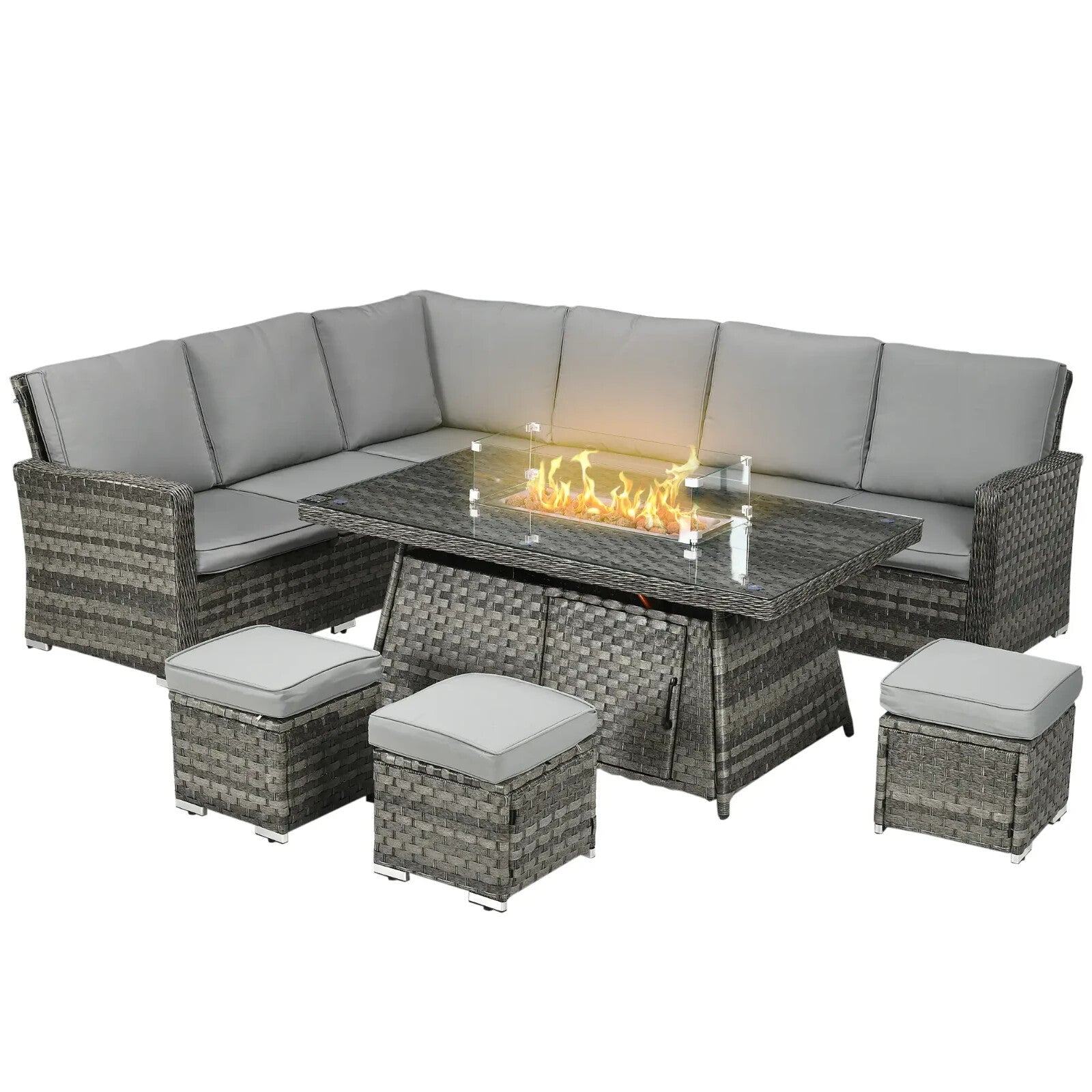 7 Pcs Rattan Garden Furniture Set w/ Gas Fire Pit Table Corner Sofa & Footstool - Home and Garden Furniture Shop - rustic - furniture