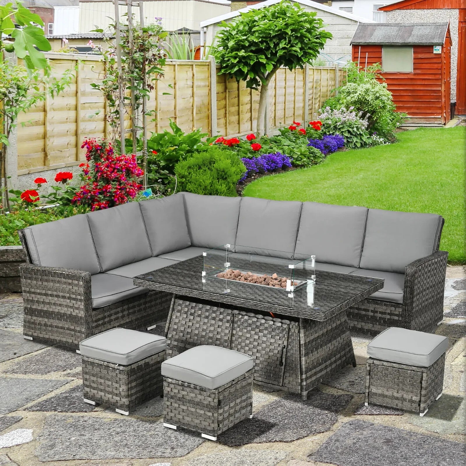 7 Pcs Rattan Garden Furniture Set w/ Gas Fire Pit Table Corner Sofa & Footstool - Home and Garden Furniture Shop - rustic - furniture