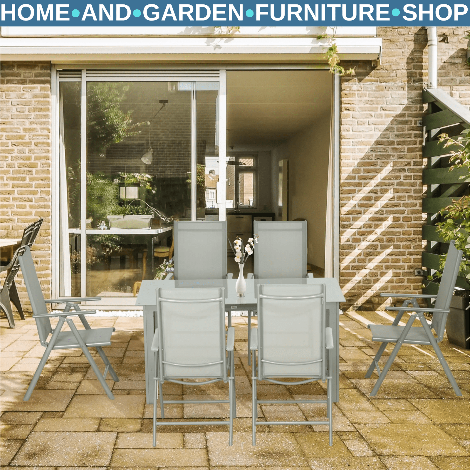 7 Piece Garden Dining Set 6 Folding Reclining Chair & Table Aluminium Frame Grey - Home and Garden Furniture Shop - rustic - furniture