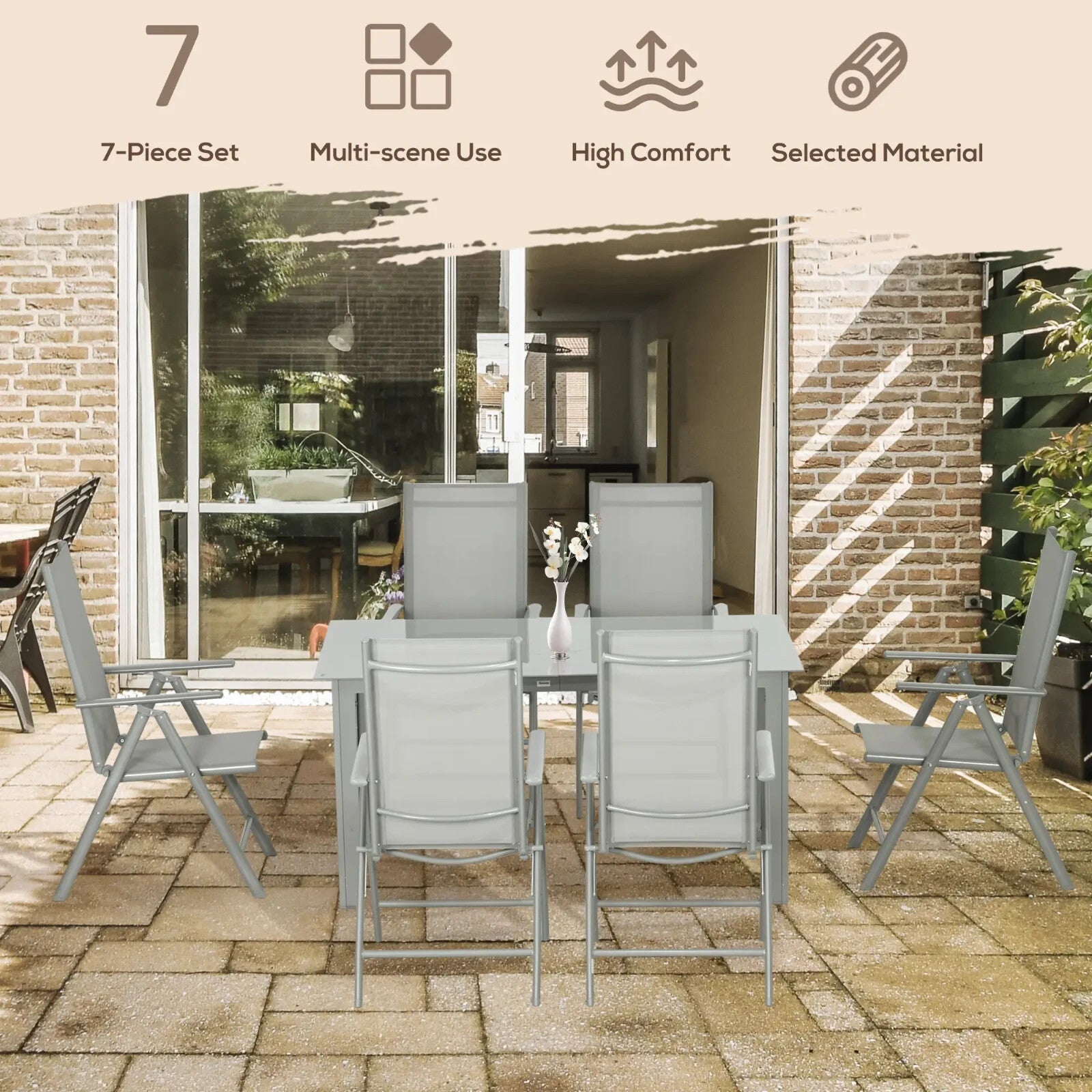 7 Piece Garden Dining Set 6 Folding Reclining Chair & Table Aluminium Frame Grey - Home and Garden Furniture Shop - rustic - furniture