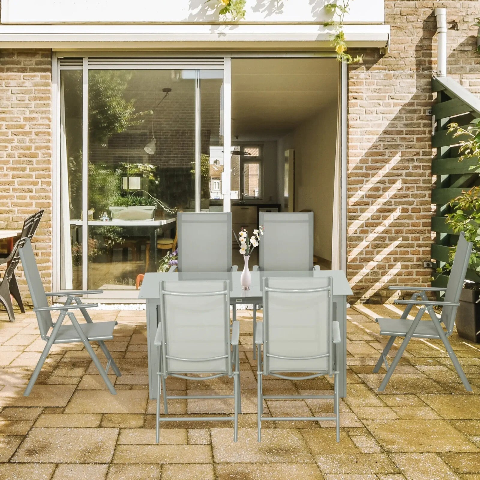 7 Piece Garden Dining Set 6 Folding Reclining Chair & Table Aluminium Frame Grey - Home and Garden Furniture Shop - rustic - furniture