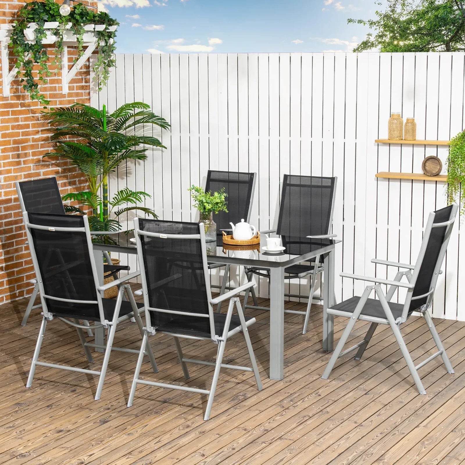 7 - Piece Garden Dining Set with Aluminium Frame & Folding Reclining Chairs Black - Home and Garden Furniture Shop - rustic - furniture
