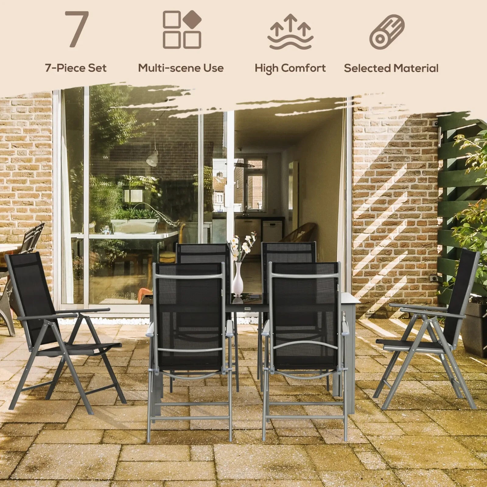 7 - Piece Garden Dining Set with Aluminium Frame & Folding Reclining Chairs Black - Home and Garden Furniture Shop - rustic - furniture
