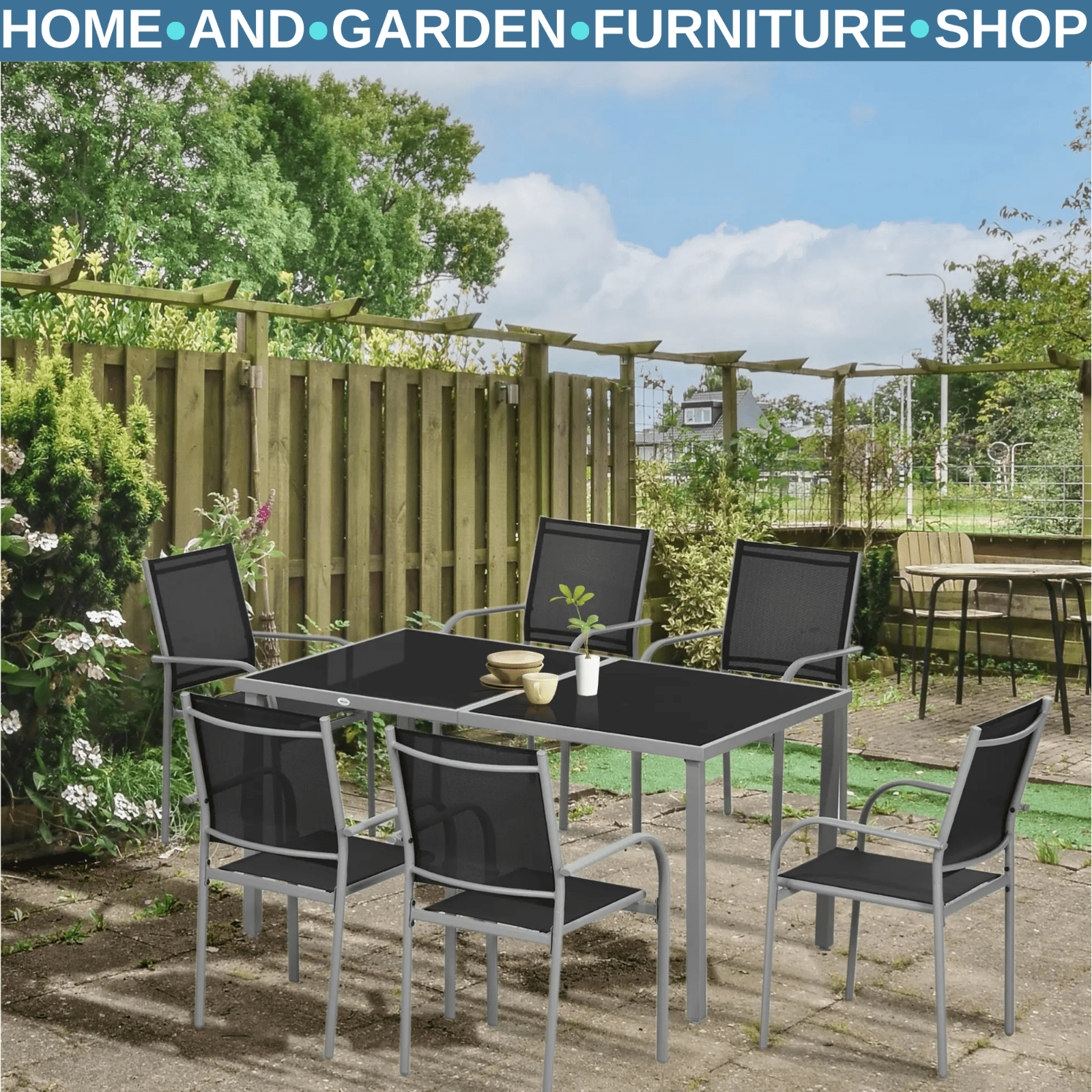 7 Piece Garden Dining Set with Glass Table and 6 Stackable Mesh Chairs Outdoor - Home and Garden Furniture Shop - rustic - furniture