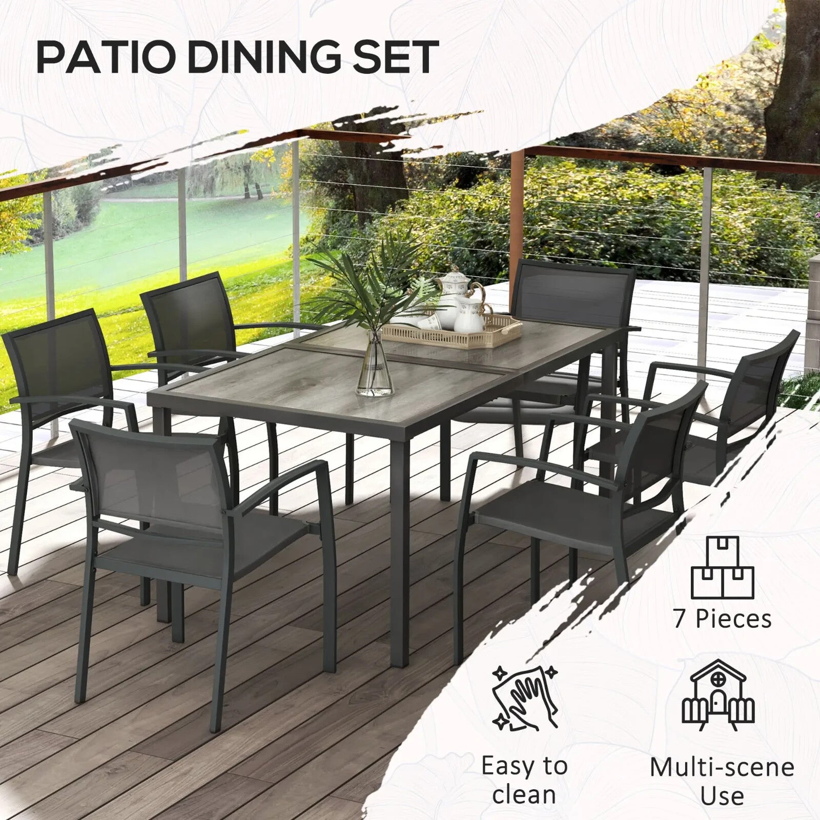7 Piece Outdoor Garden Dining Set with 6 Stackable Chairs Wood - Effect Table Grey - Home and Garden Furniture Shop - rustic - furniture