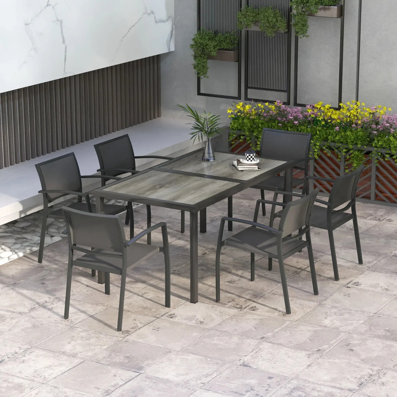 7 Piece Outdoor Garden Dining Set with 6 Stackable Chairs Wood - Effect Table Grey - Home and Garden Furniture Shop - rustic - furniture