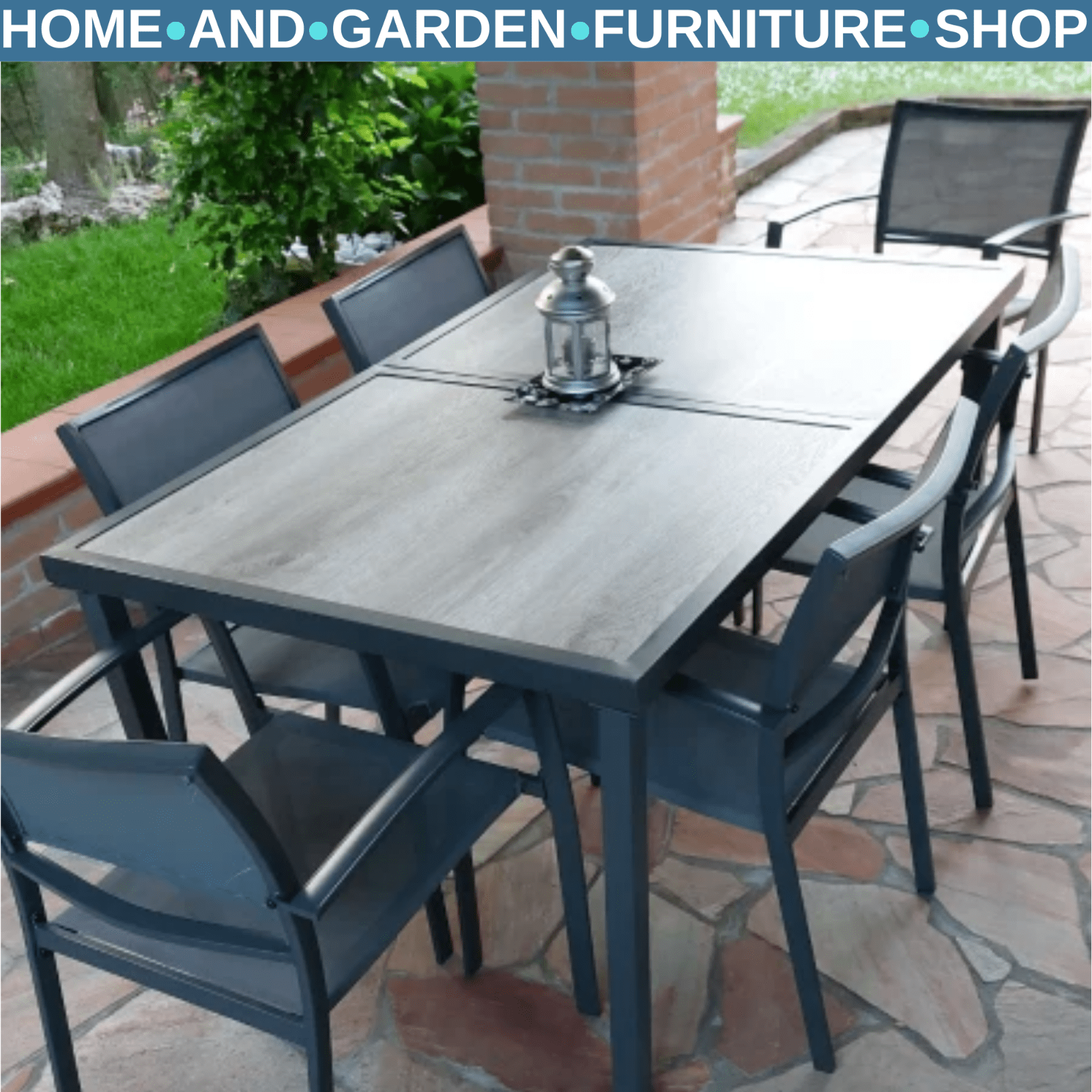 7 Piece Outdoor Garden Dining Set with 6 Stackable Chairs Wood - Effect Table Grey - Home and Garden Furniture Shop - rustic - furniture