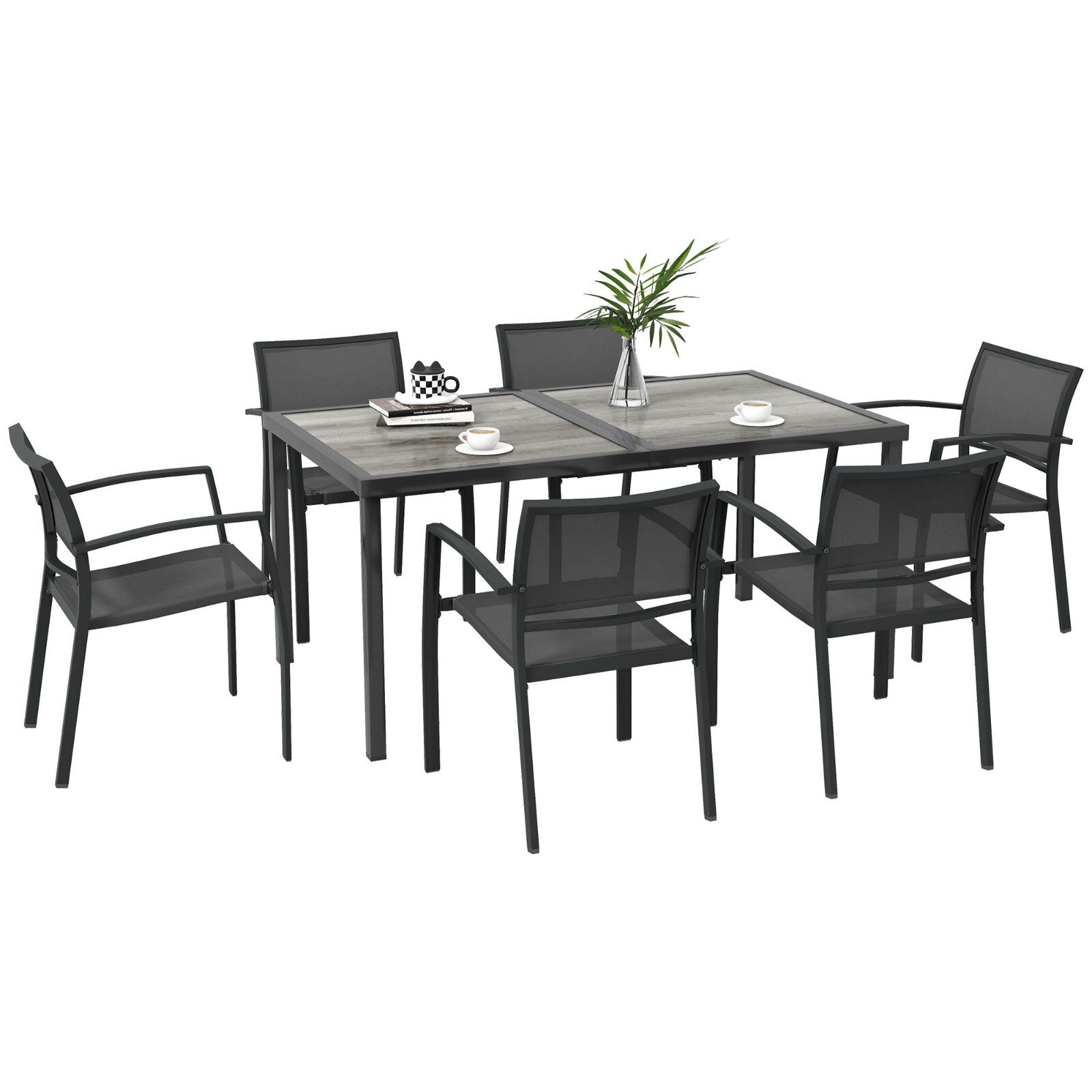7 Piece Outdoor Garden Dining Set with 6 Stackable Chairs Wood - Effect Table Grey - Home and Garden Furniture Shop - rustic - furniture