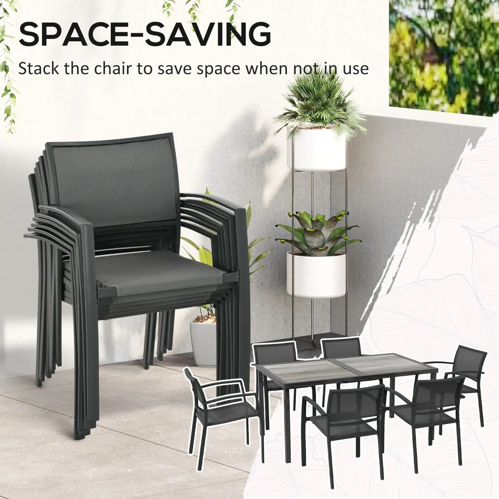 7 Piece Outdoor Garden Dining Set with 6 Stackable Chairs Wood - Effect Table Grey - Home and Garden Furniture Shop - rustic - furniture