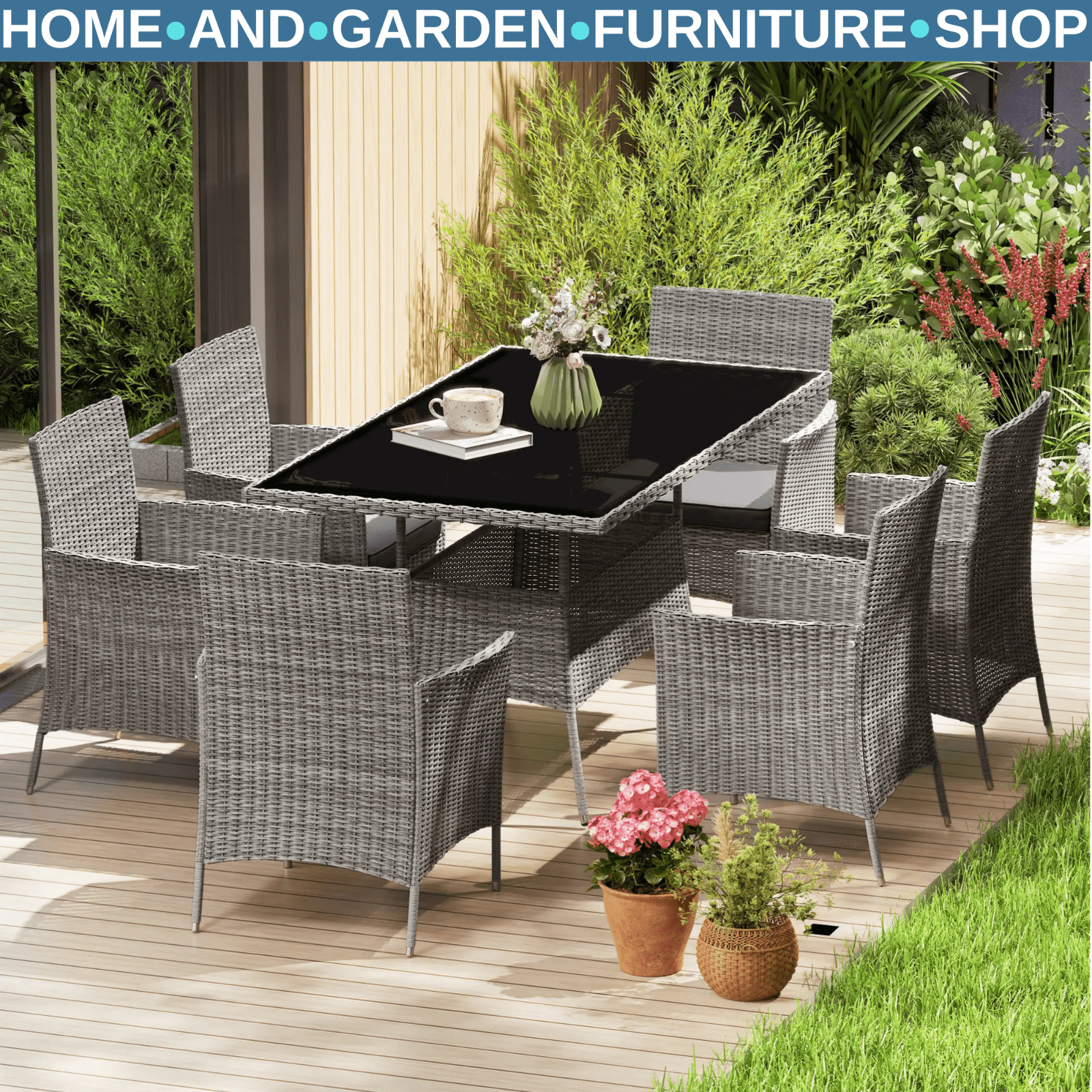 7 Piece Rattan Garden Furniture Set with Cushions 6 Seater Dining Table & Chairs - Home and Garden Furniture Shop - rustic - furniture
