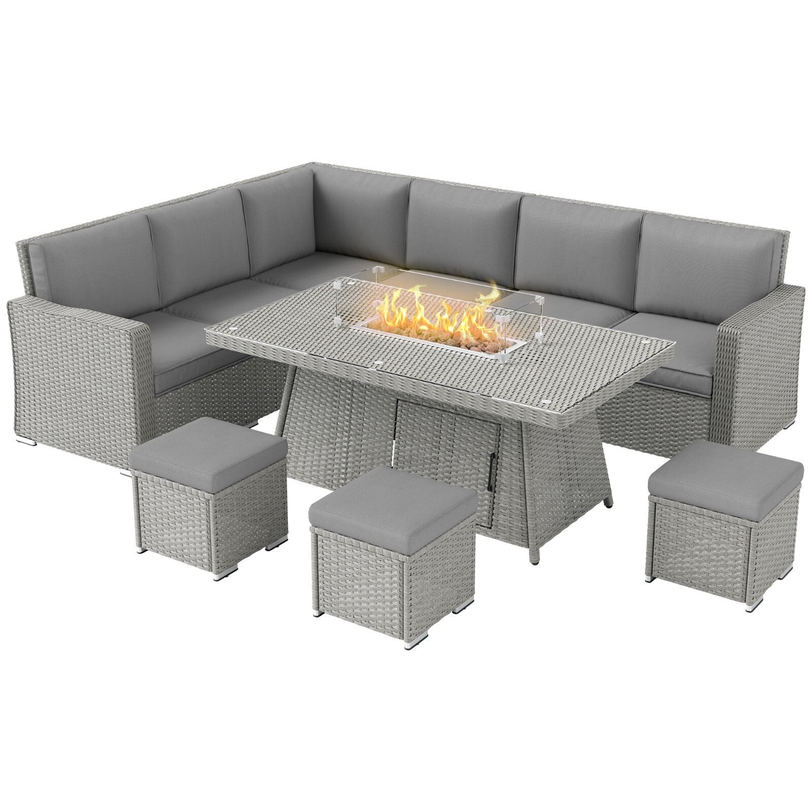 7 Piece Rattan Garden Furniture Set with Fire Pit Table Corner Sofa & Footstools - Home and Garden Furniture Shop - rustic - furniture