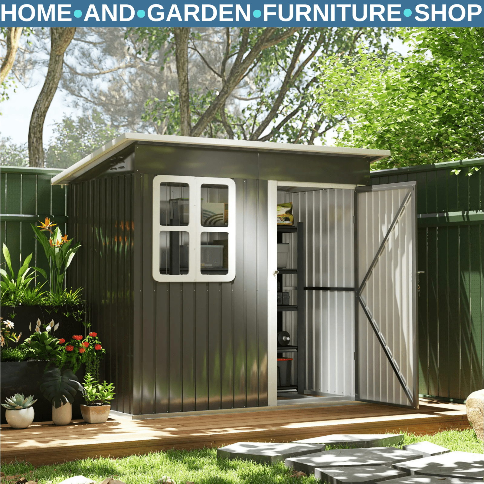 7 x 4 ft Galvanised Steel Garden Storage Shed with with Lock and Gloves - Grey - Home and Garden Furniture Shop - rustic - furniture