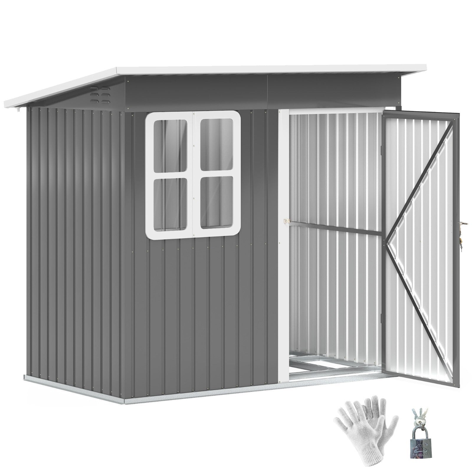 7 x 4 ft Galvanised Steel Garden Storage Shed with with Lock and Gloves - Grey - Home and Garden Furniture Shop - rustic - furniture