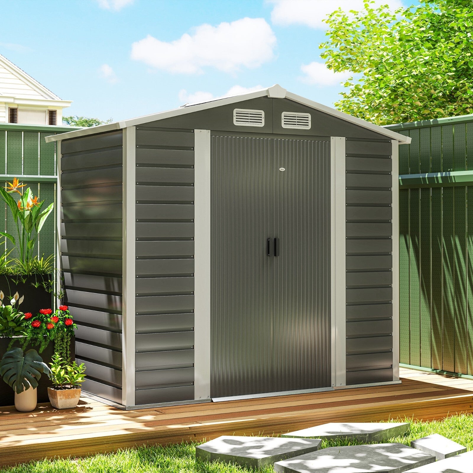 7 x 4ft Heavy Duty Metal Shed with Lock Grey Garden Shed All Seasons Tool Shed - Home and Garden Furniture Shop - rustic - furniture