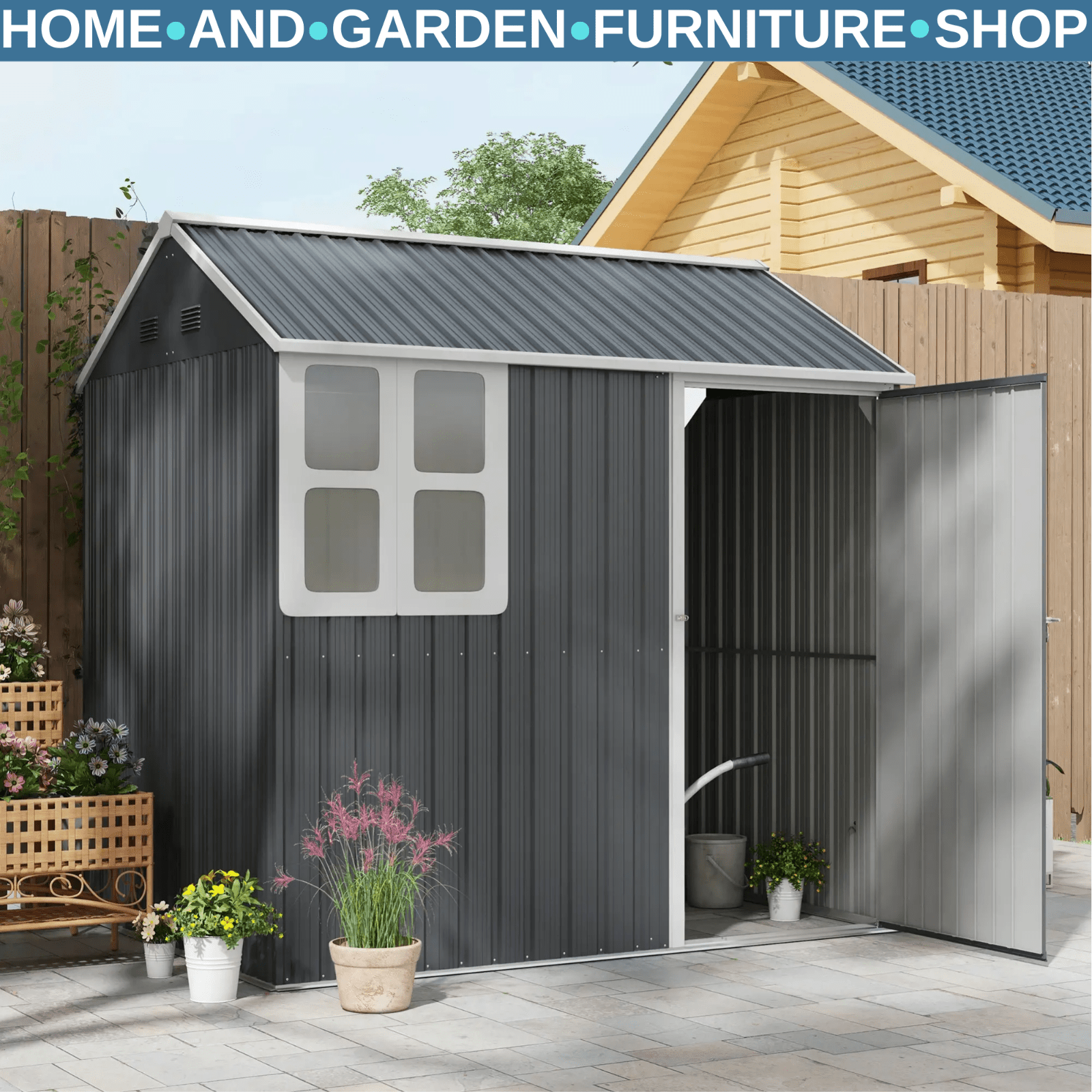 7 x 6 ft Metal Garden Shed Outdoor Tool Storage Shed Door Window Grey Patio Shed - Home and Garden Furniture Shop - rustic - furniture
