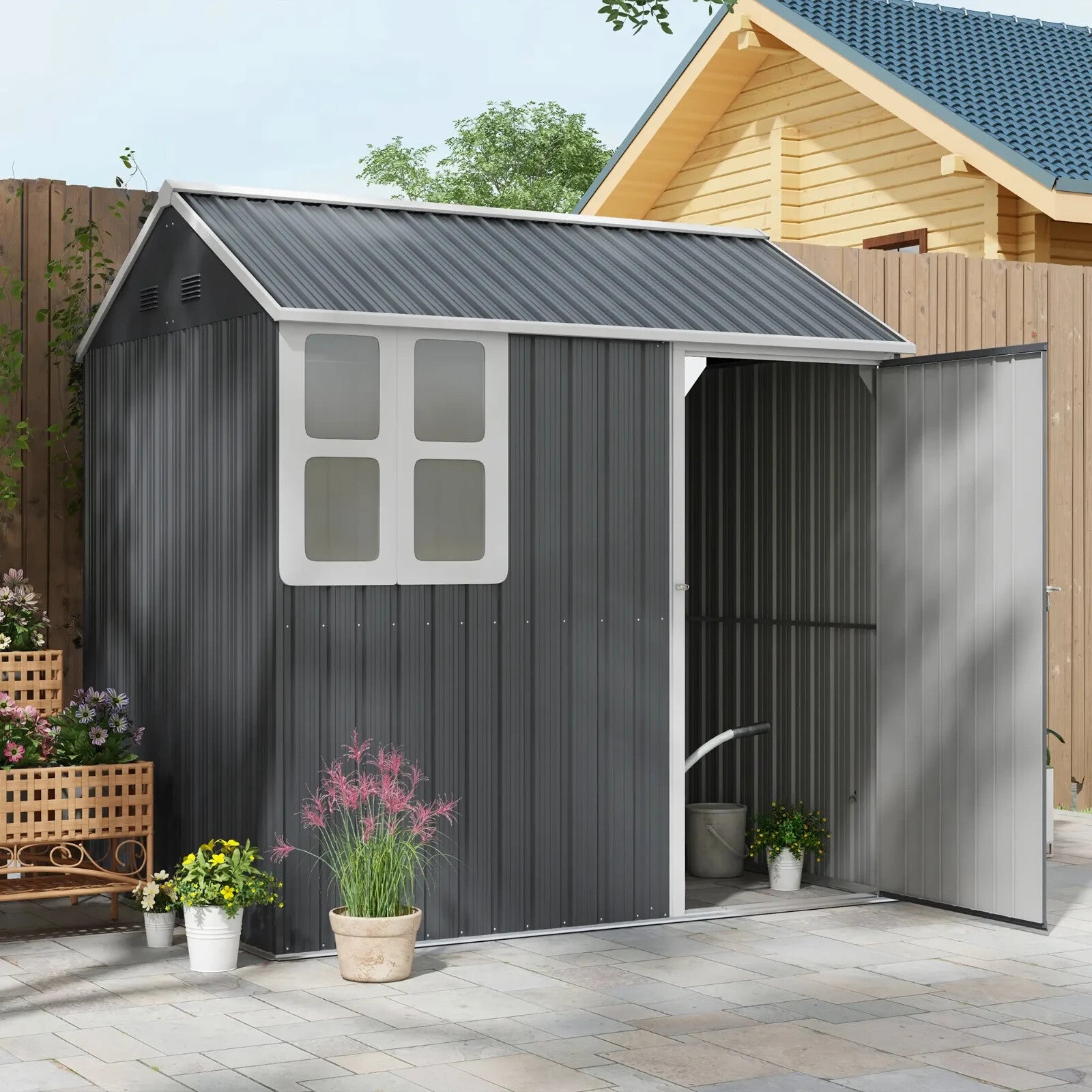 7 x 6 ft Metal Garden Shed Outdoor Tool Storage Shed Door Window Grey Patio Shed - Home and Garden Furniture Shop - rustic - furniture