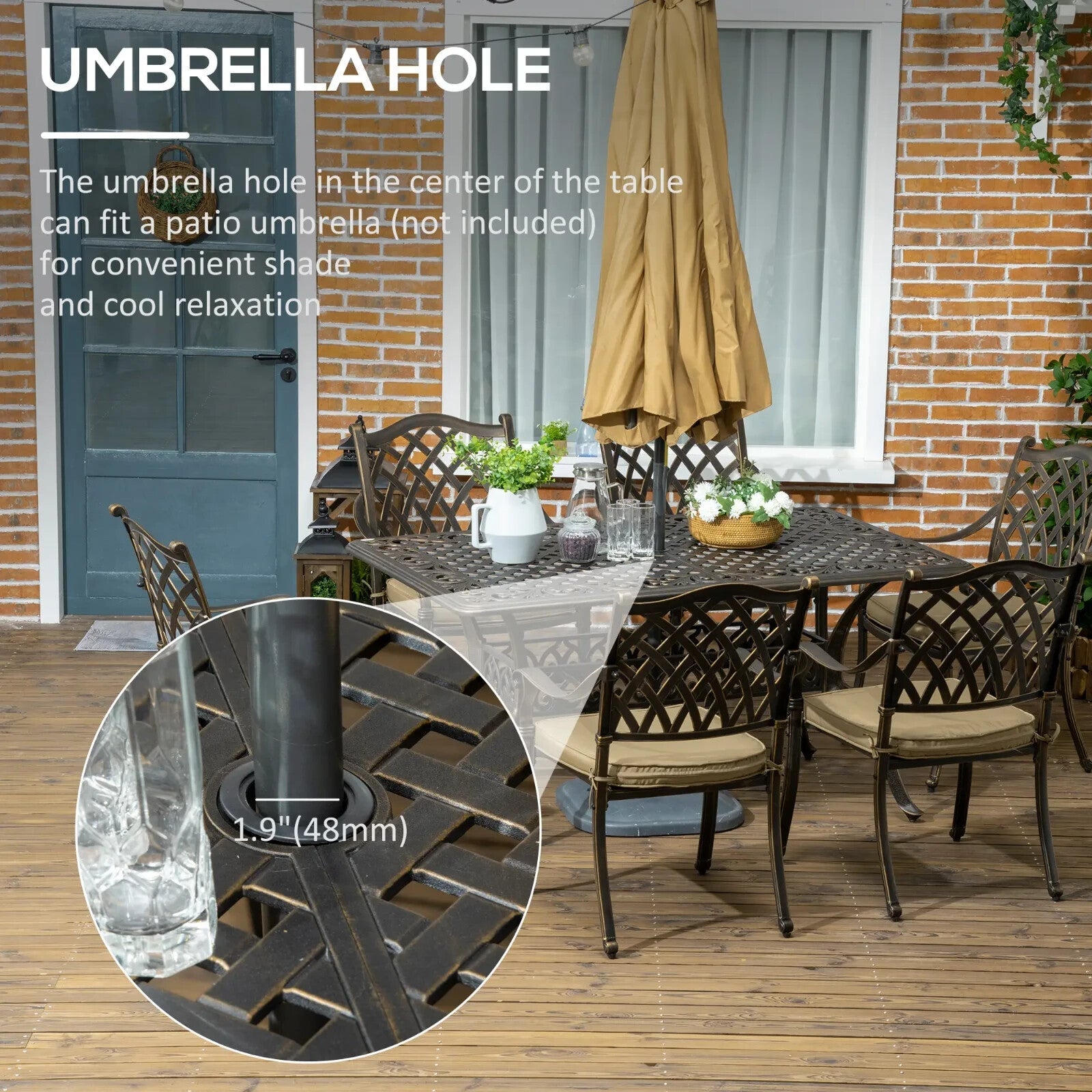 7pcs Cast Aluminium Garden Dining Set Cushioned Chairs & Table w/ Umbrella Hole - Home and Garden Furniture Shop - rustic - furniture