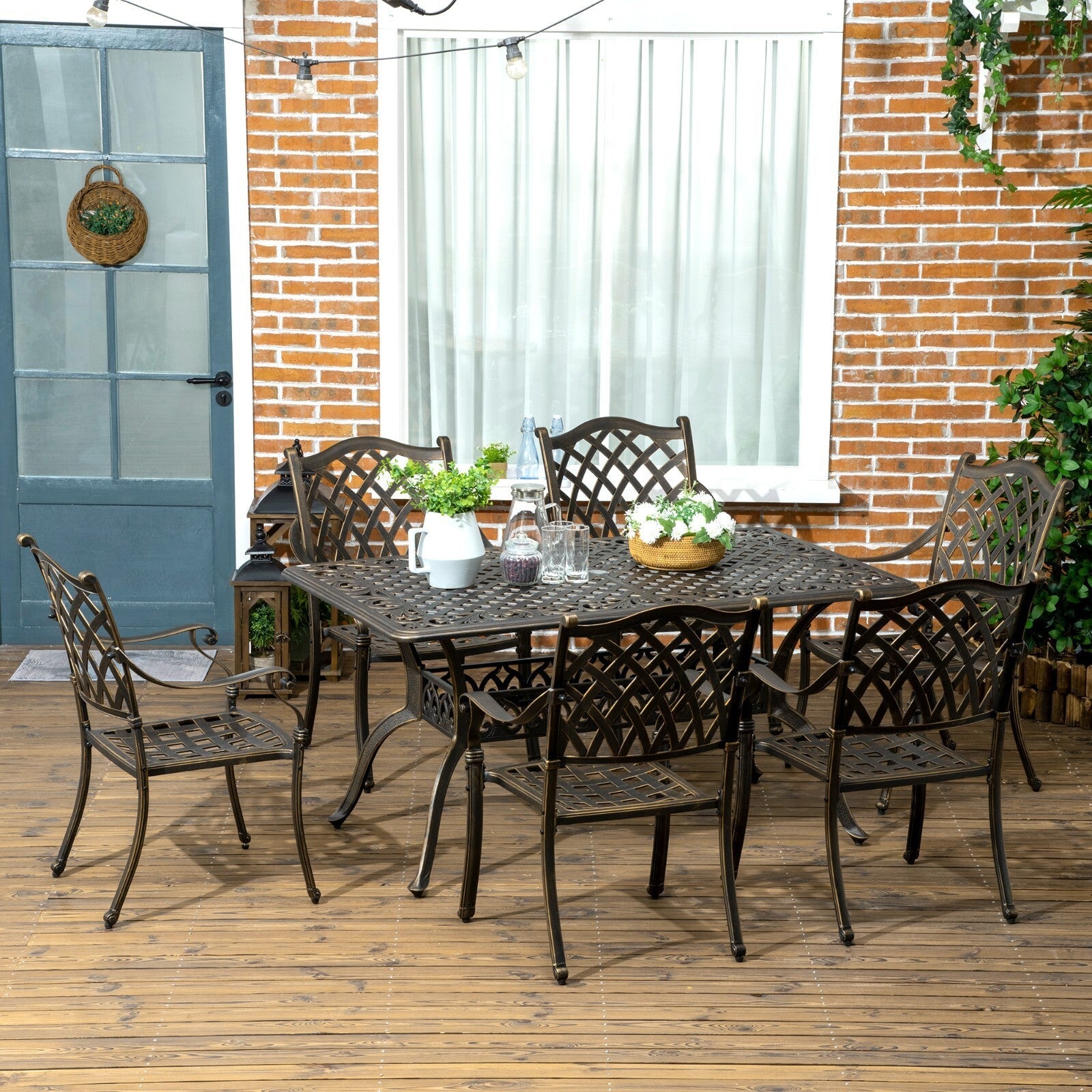 7pcs Cast Aluminium Garden Dining Set Cushioned Chairs & Table w/ Umbrella Hole - Home and Garden Furniture Shop - rustic - furniture