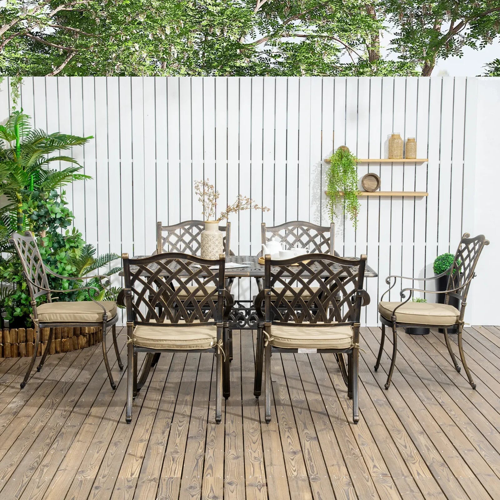 7pcs Cast Aluminium Garden Dining Set Cushioned Chairs & Table w/ Umbrella Hole - Home and Garden Furniture Shop - rustic - furniture
