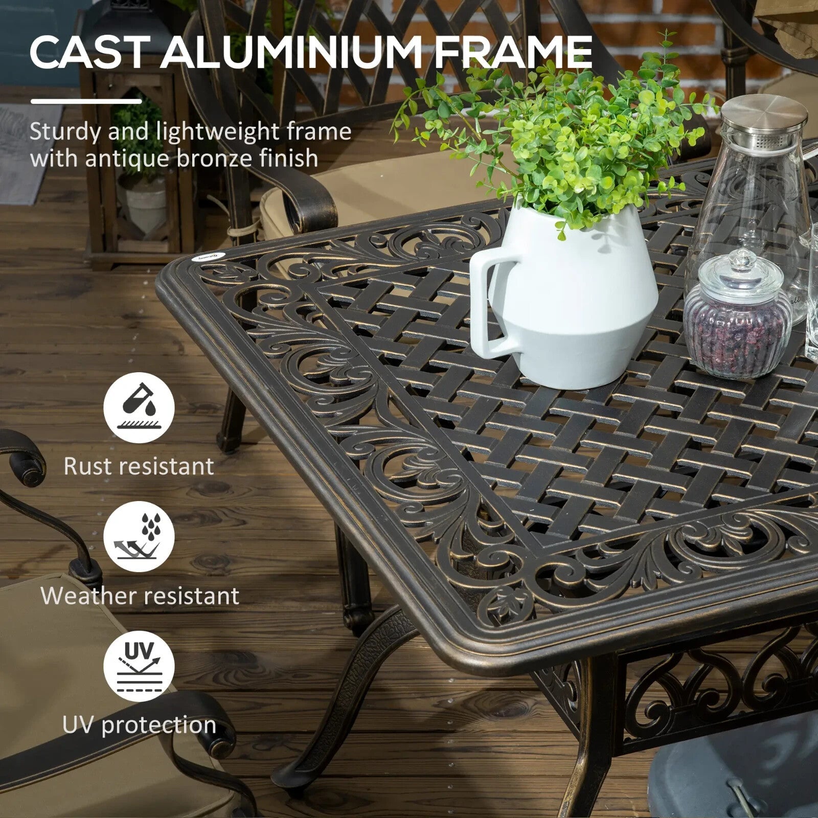 7pcs Cast Aluminium Garden Dining Set Cushioned Chairs & Table w/ Umbrella Hole - Home and Garden Furniture Shop - rustic - furniture