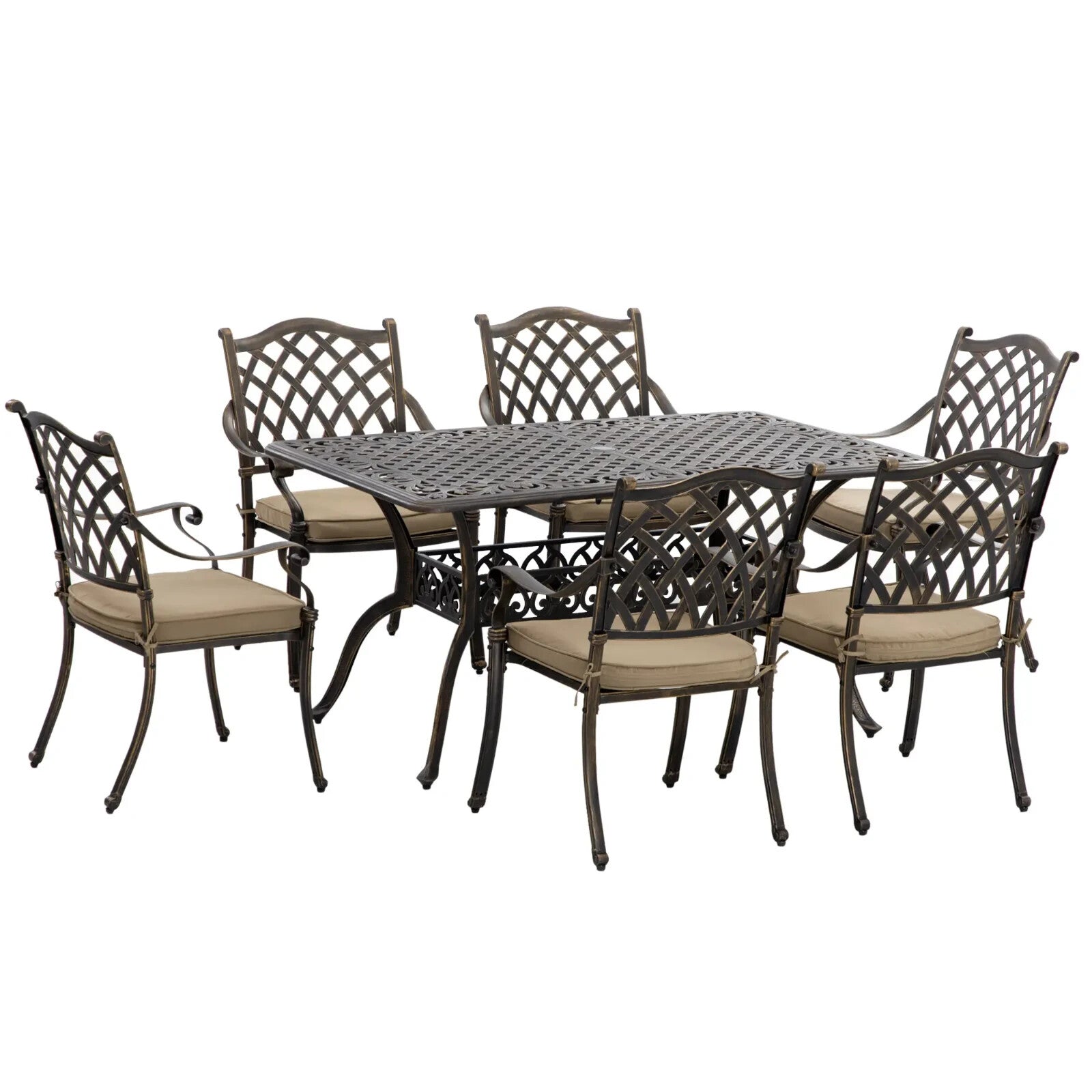 7pcs Cast Aluminium Garden Dining Set Cushioned Chairs & Table w/ Umbrella Hole - Home and Garden Furniture Shop - rustic - furniture