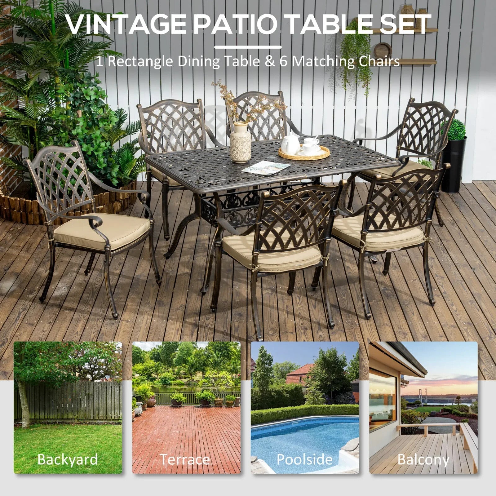 7pcs Cast Aluminium Garden Dining Set Cushioned Chairs & Table w/ Umbrella Hole - Home and Garden Furniture Shop - rustic - furniture