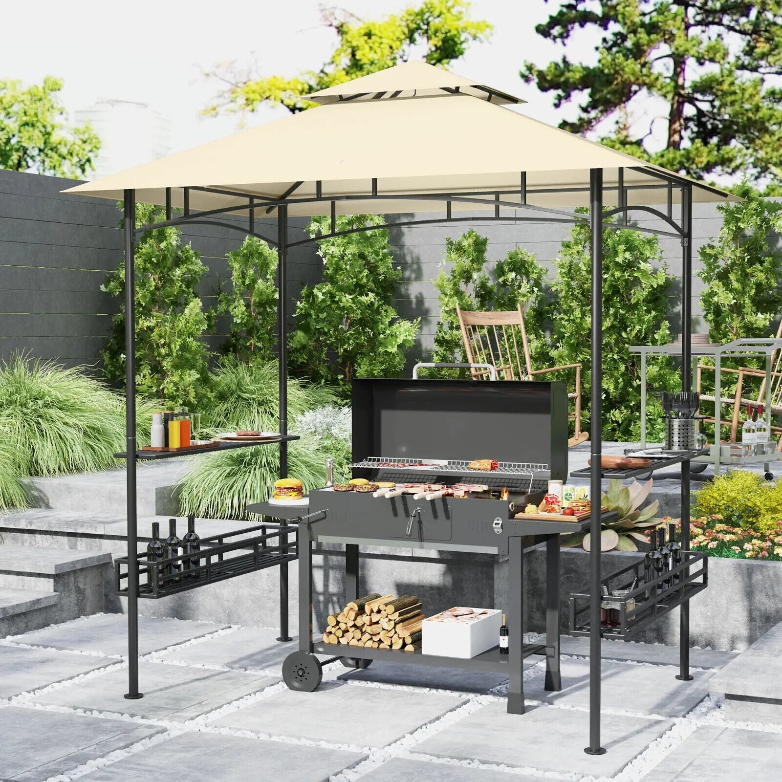 8 × 5 ft Grill Gazebo Canopy Outdoor BBQ Shelter w/Double Tier Roof&Side Shelves - Home and Garden Furniture Shop - #rustic - furniture#