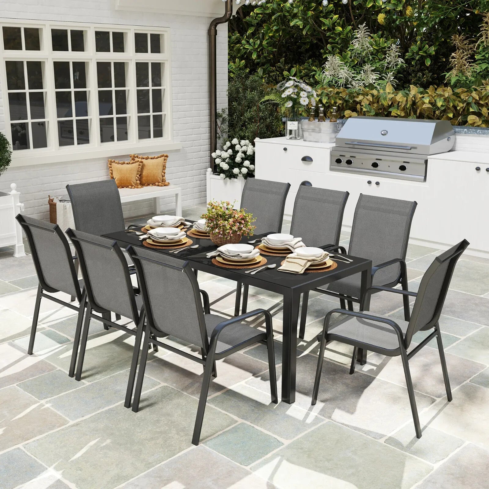 8 Seater Garden Dining Set with Stacking Chairs Rectangular Glass Garden Table - Home and Garden Furniture Shop - rustic - furniture