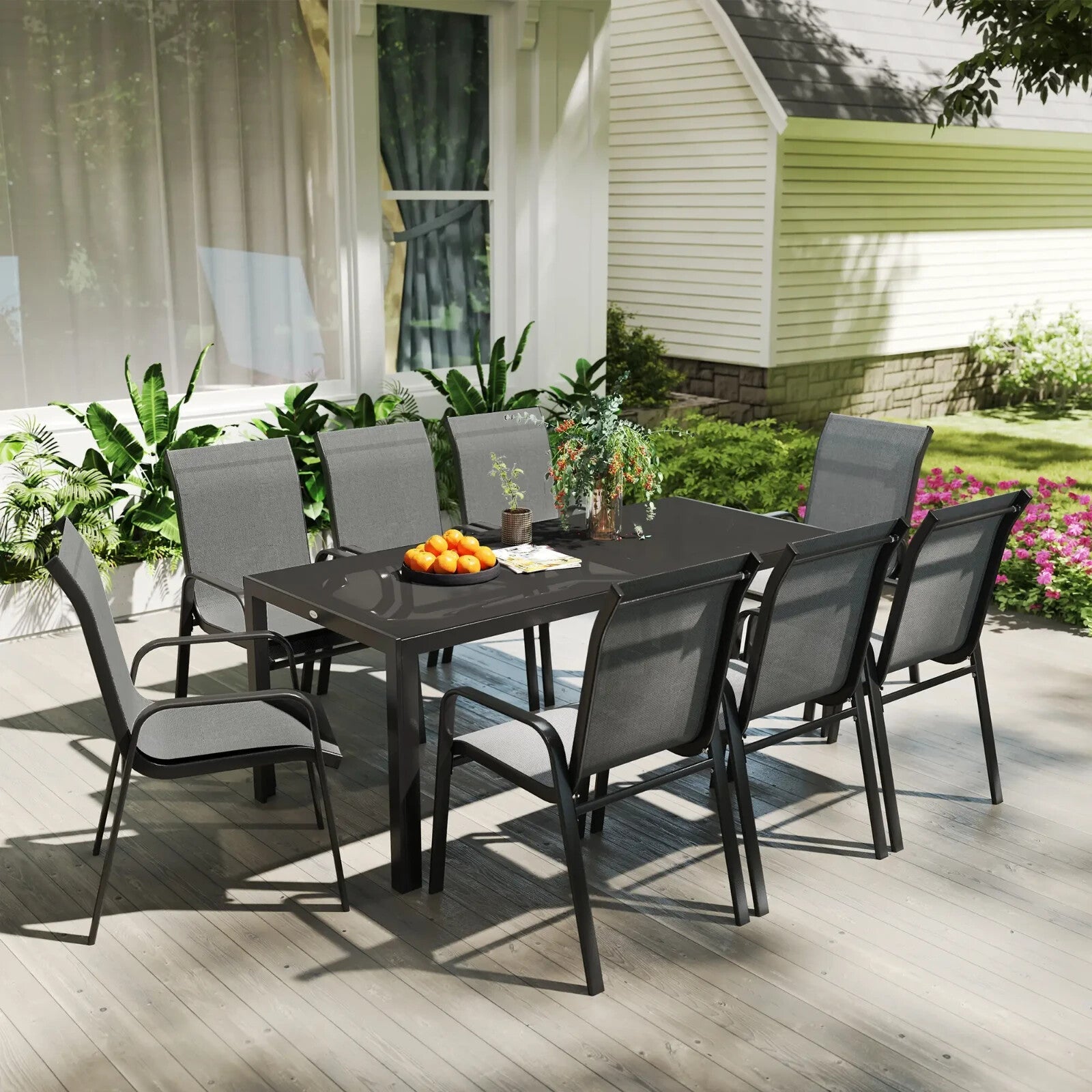 8 Seater Garden Dining Set with Stacking Chairs Rectangular Glass Garden Table - Home and Garden Furniture Shop - rustic - furniture