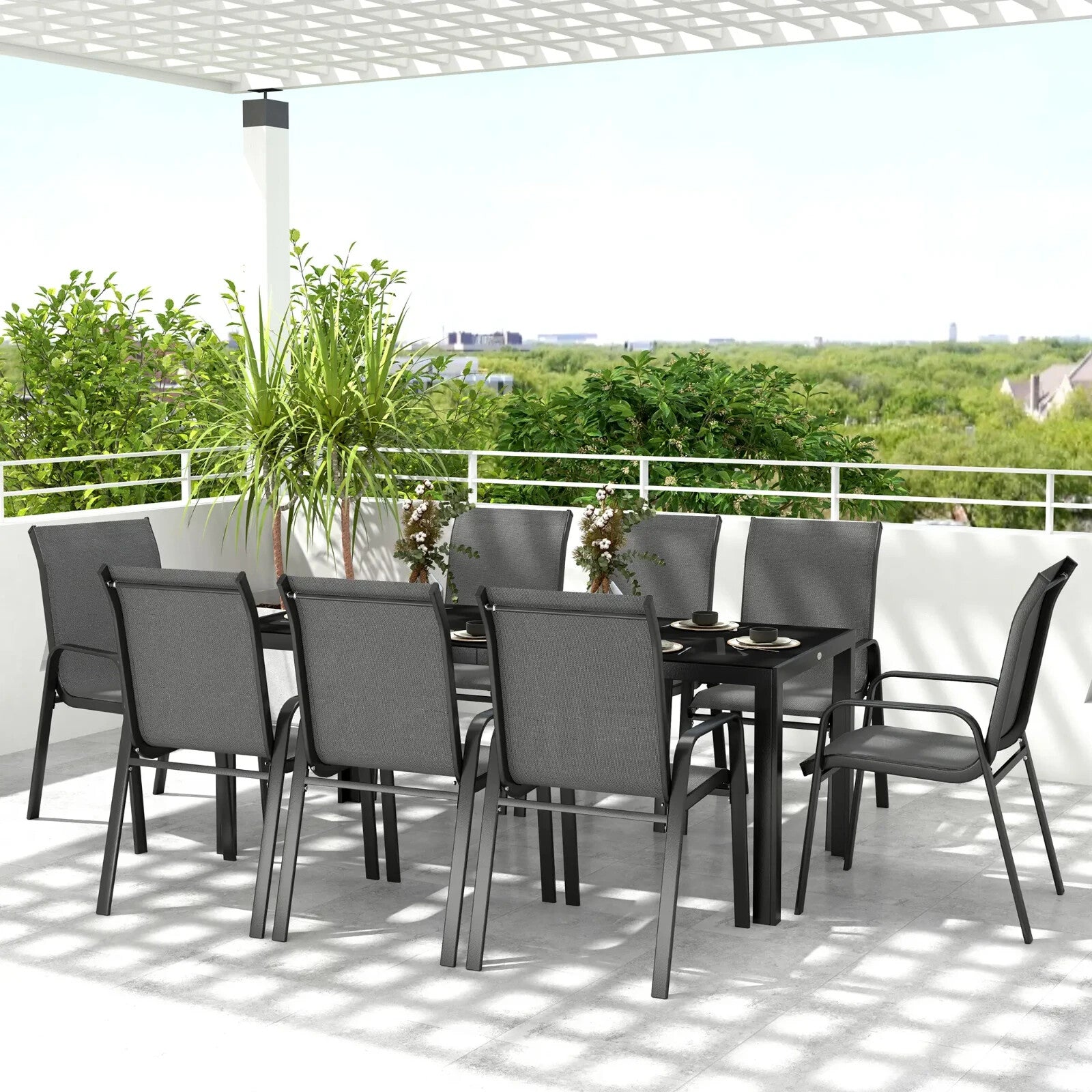 8 Seater Garden Dining Set with Stacking Chairs Rectangular Glass Garden Table - Home and Garden Furniture Shop - rustic - furniture