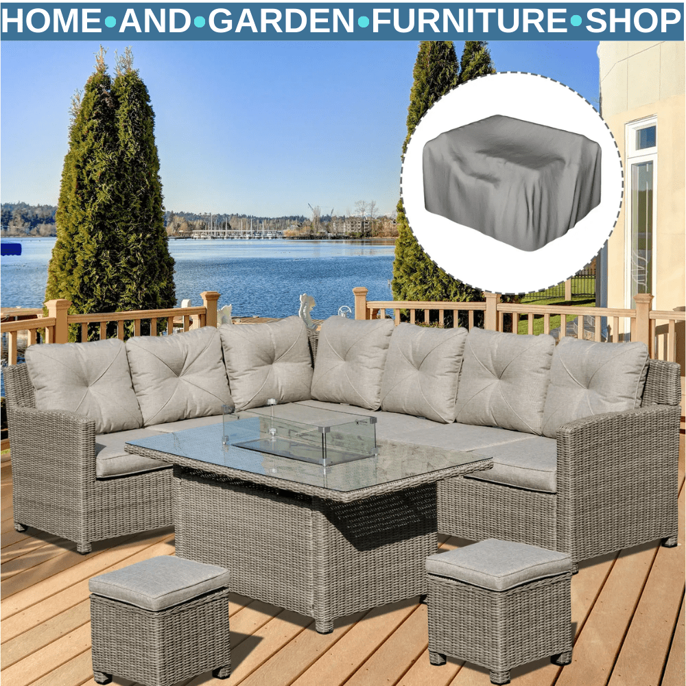 8 - Seater Rattan Garden Furniture Set w/ L - Shape Sofa, Footstool & Fire Pit Table - Home and Garden Furniture Shop - rustic - furniture