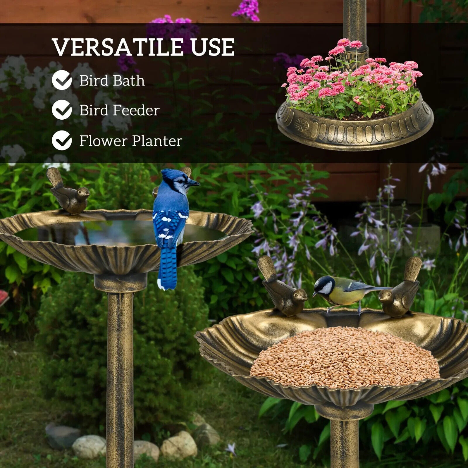 81cm Tall Garden Vintage Style Birdbath with Two Decorative Birds - Bronze Tone - Home and Garden Furniture Shop - #rustic - furniture#