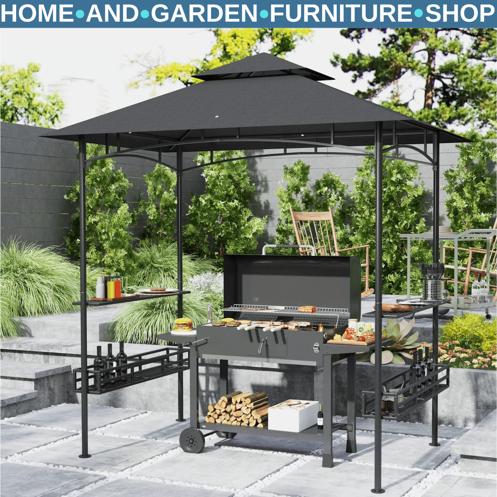 8×5 ft Grill Gazebo BBQ Shelter w/ Double Tier Roof Side Shelves&Storage Baskets - Home and Garden Furniture Shop - rustic - furniture