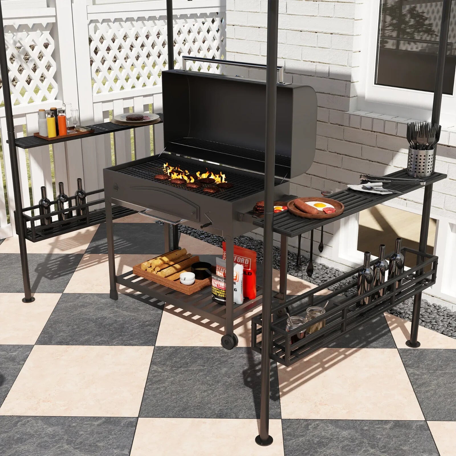 8×5 ft Grill Gazebo BBQ Shelter w/ Double Tier Roof Side Shelves&Storage Baskets - Home and Garden Furniture Shop - rustic - furniture