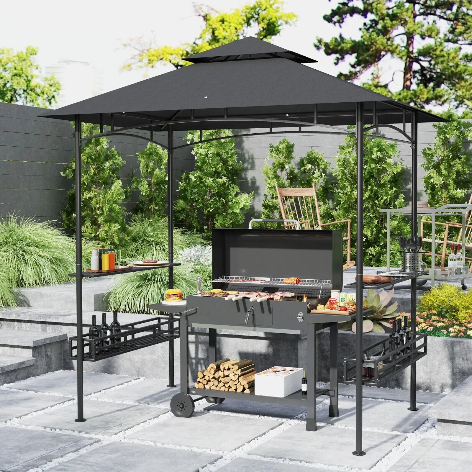8×5 ft Grill Gazebo BBQ Shelter w/ Double Tier Roof Side Shelves&Storage Baskets - Home and Garden Furniture Shop - #rustic - furniture#
