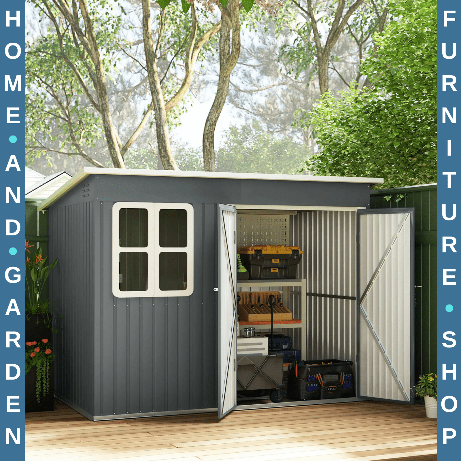 8.5 x 6ft Metal Garden Storage Shed with Window Lockable Doors Foundation Kit - Home and Garden Furniture Shop - rustic - furniture