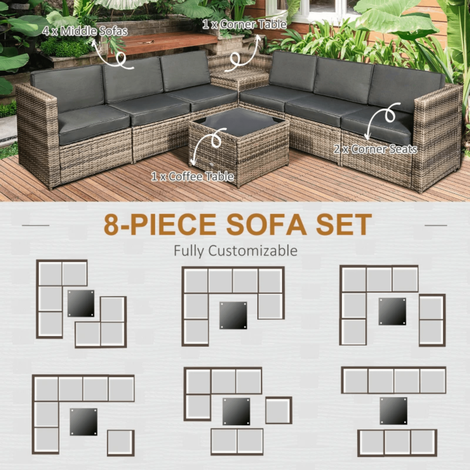 8Pcs Patio Rattan Corner Sofa Set Garden Furniture Side Table Cushion 6 Seater - Home and Garden Furniture Shop - #rustic - furniture#