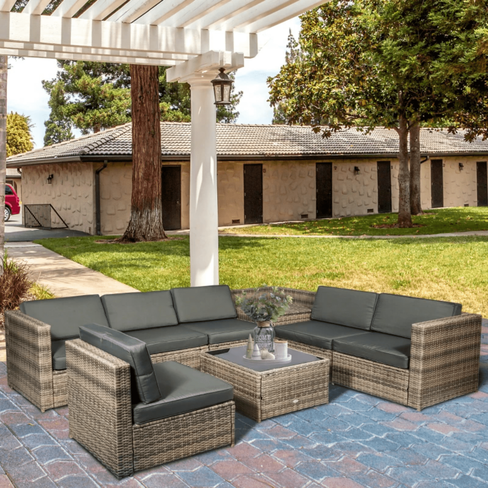 8Pcs Patio Rattan Corner Sofa Set Garden Furniture Side Table Cushion 6 Seater - Home and Garden Furniture Shop - #rustic - furniture#