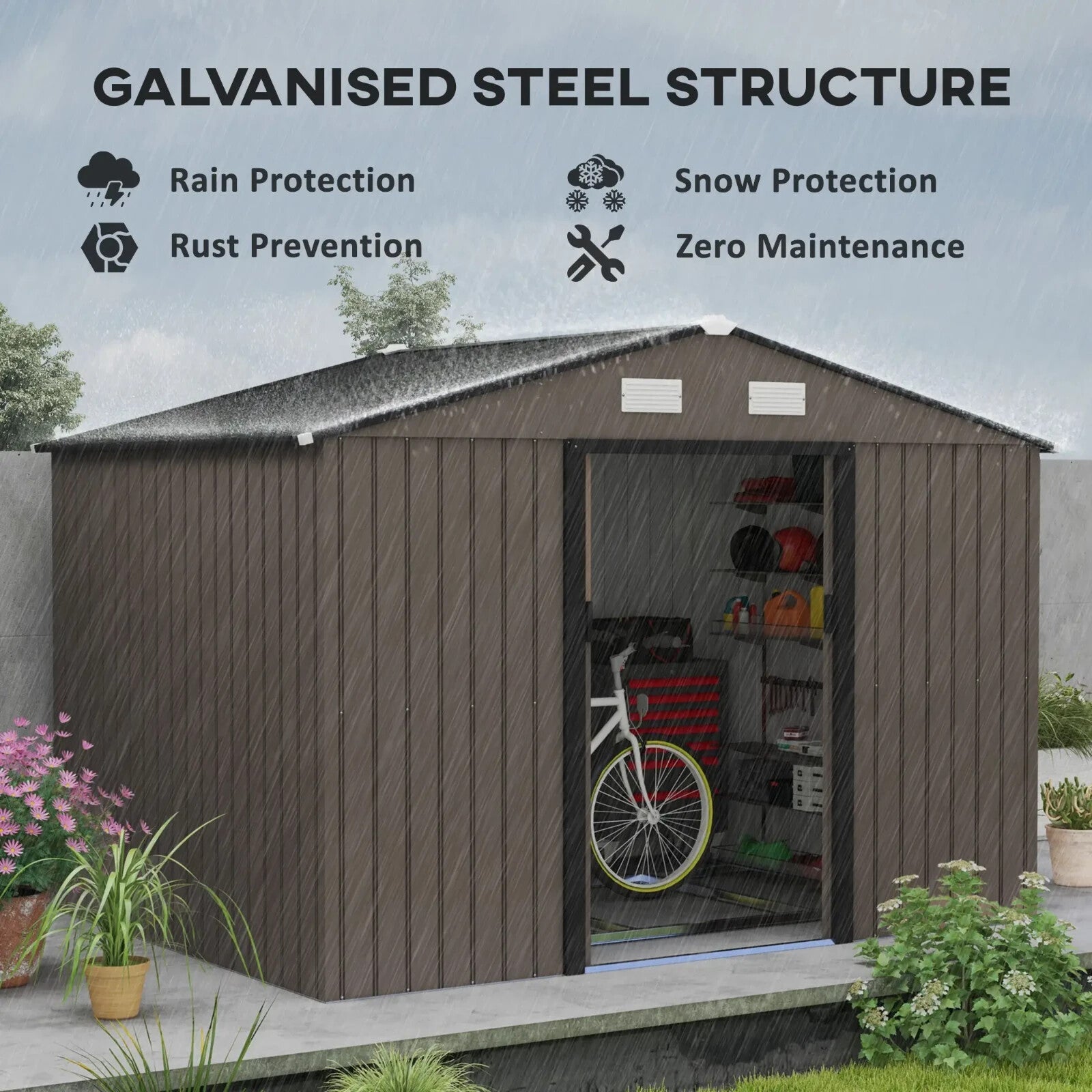 9 x 6FT Large Garden Metal Storage Shed with Sliding Doors Brown Patio Tool Shed - Home and Garden Furniture Shop - rustic - furniture
