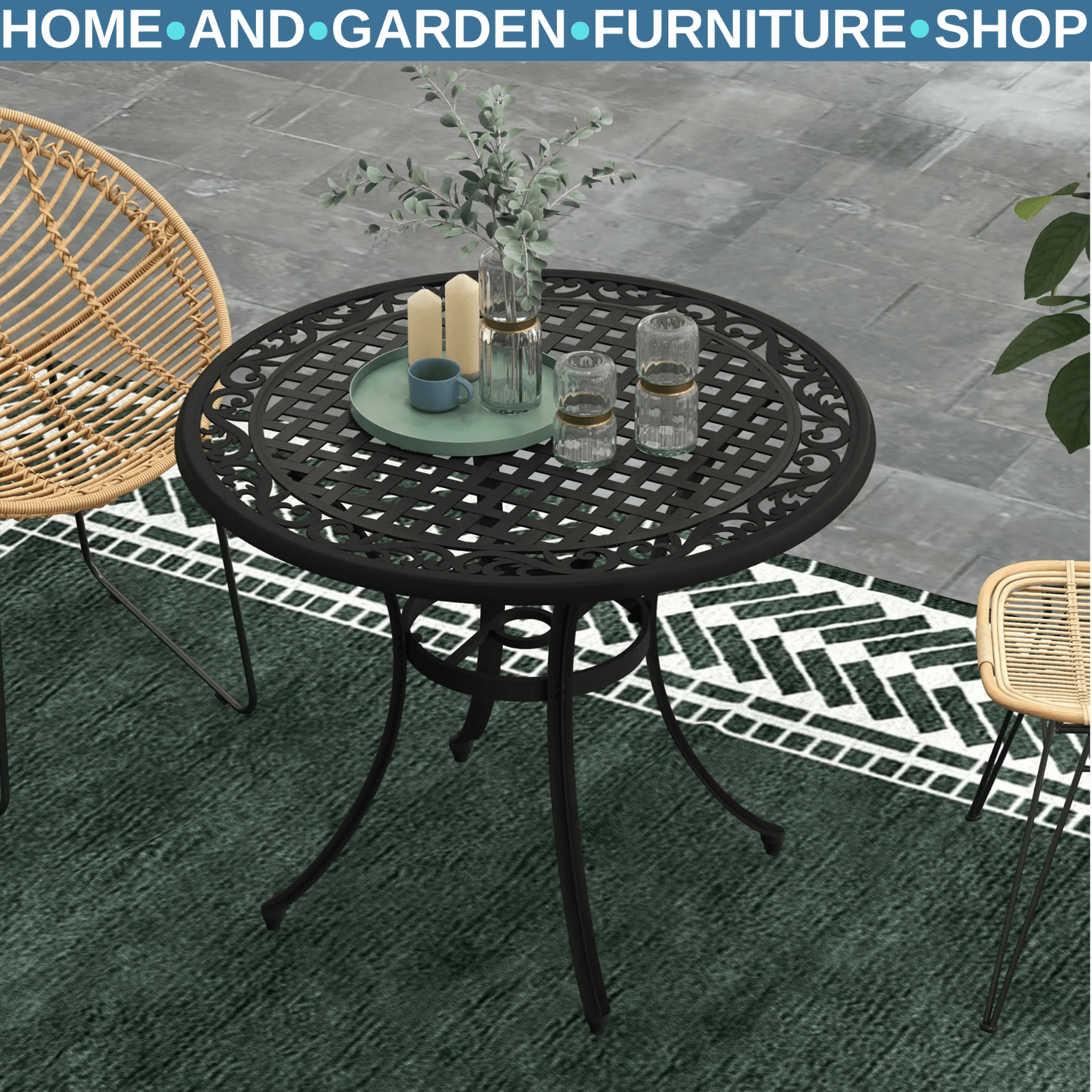 90cm Round Cast Aluminium Garden Table with Parasol Hole Outdoor Dining for 2–4 - Home and Garden Furniture Shop - rustic - furniture