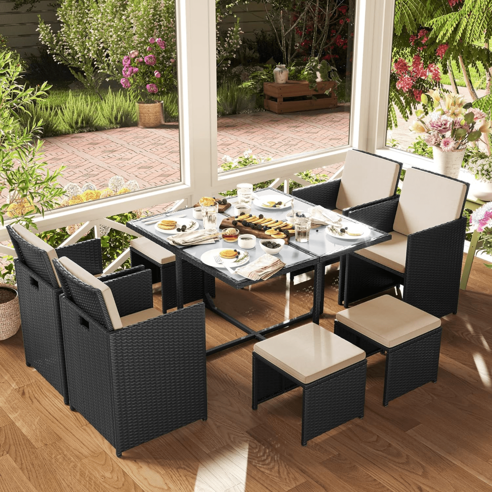 9Pcs Black Garden Rattan Dining Set Wicker Patio Furniture Chair Table Stool Set - Home and Garden Furniture Shop - rustic - furniture