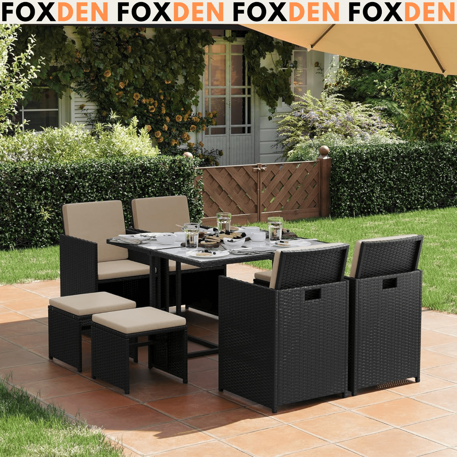 9Pcs Black Garden Rattan Dining Set Wicker Patio Furniture Chair Table Stool Set - Home and Garden Furniture Shop - #rustic - furniture#