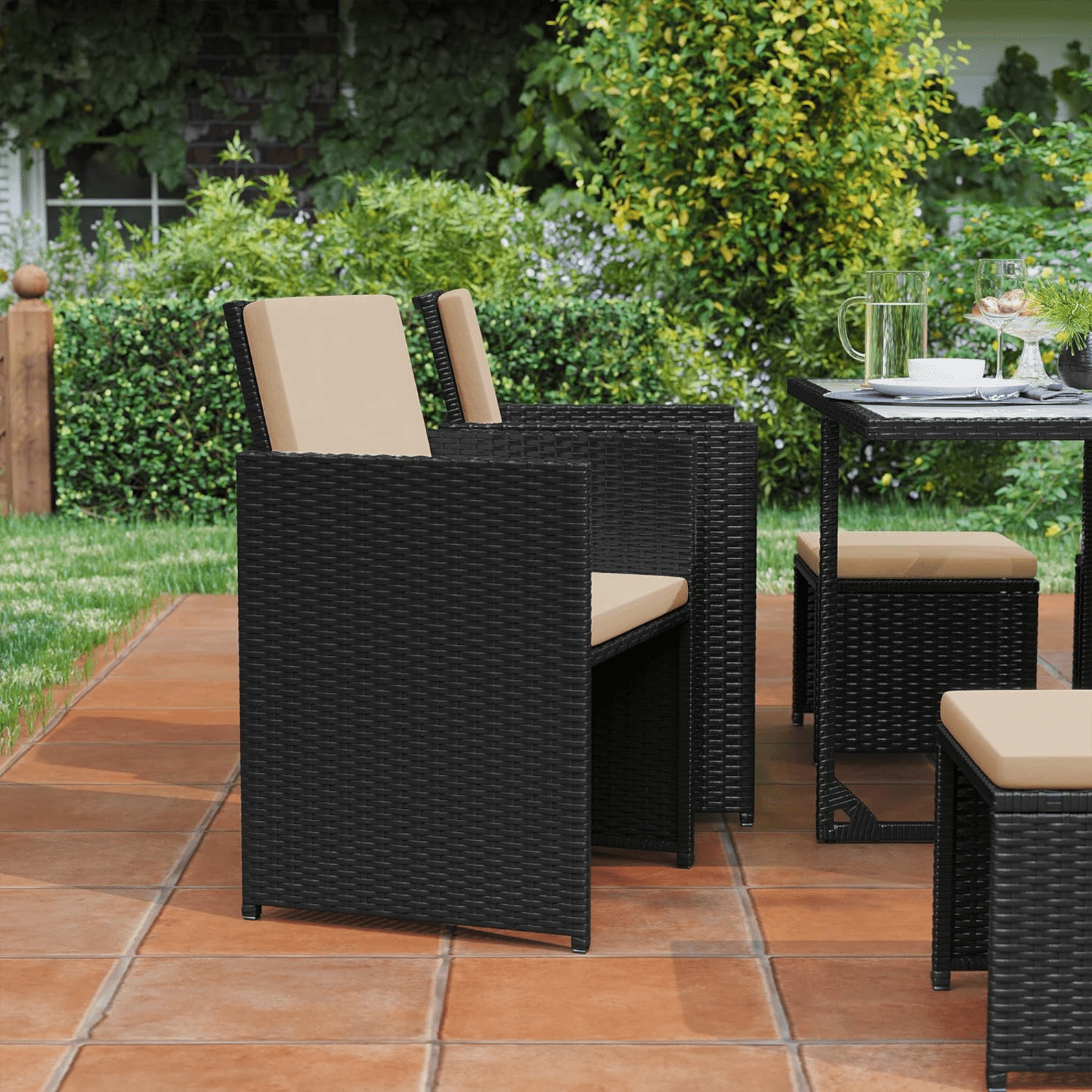 9Pcs Black Garden Rattan Dining Set Wicker Patio Furniture Chair Table Stool Set - Home and Garden Furniture Shop - rustic - furniture